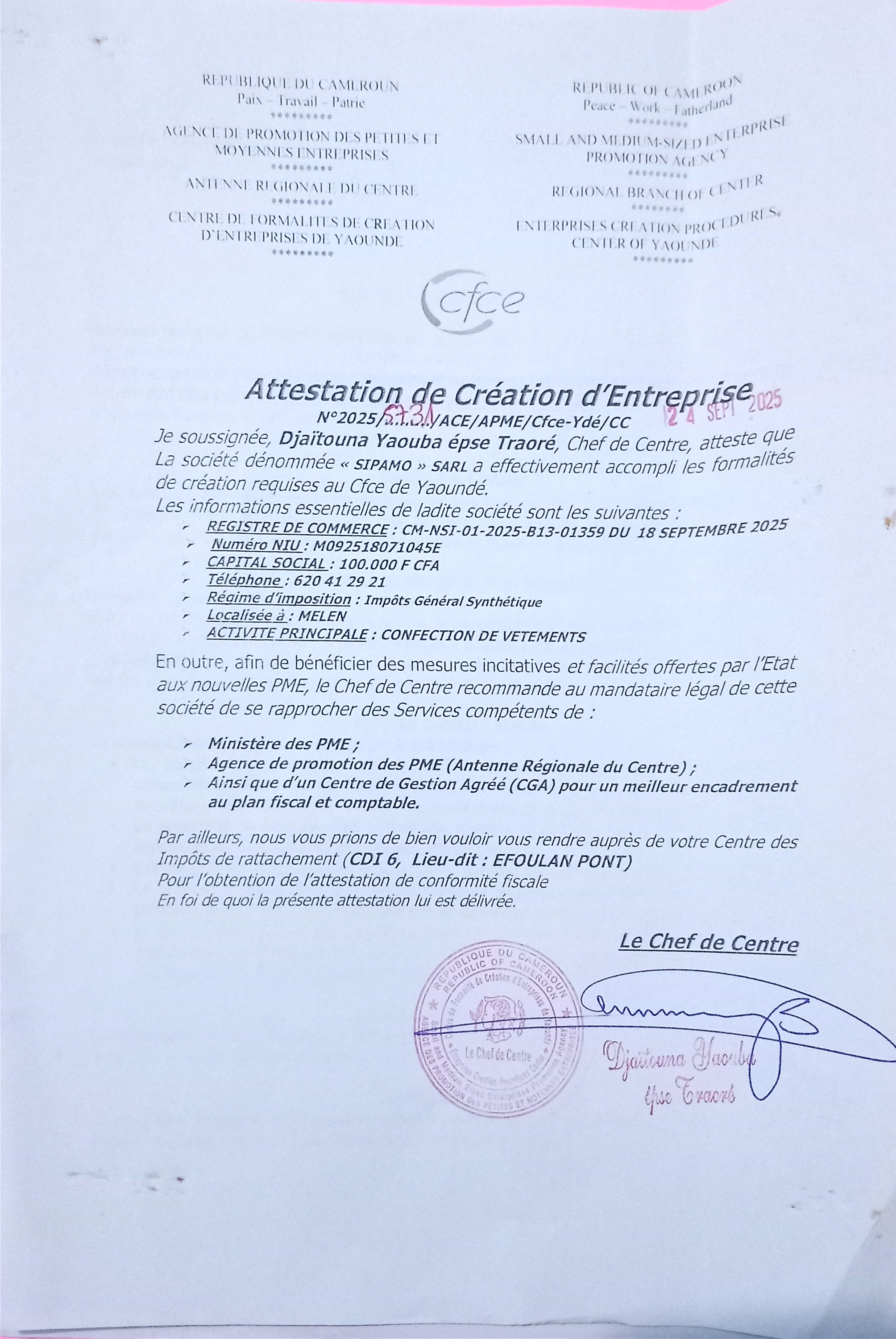 Certificat d'immatriculation